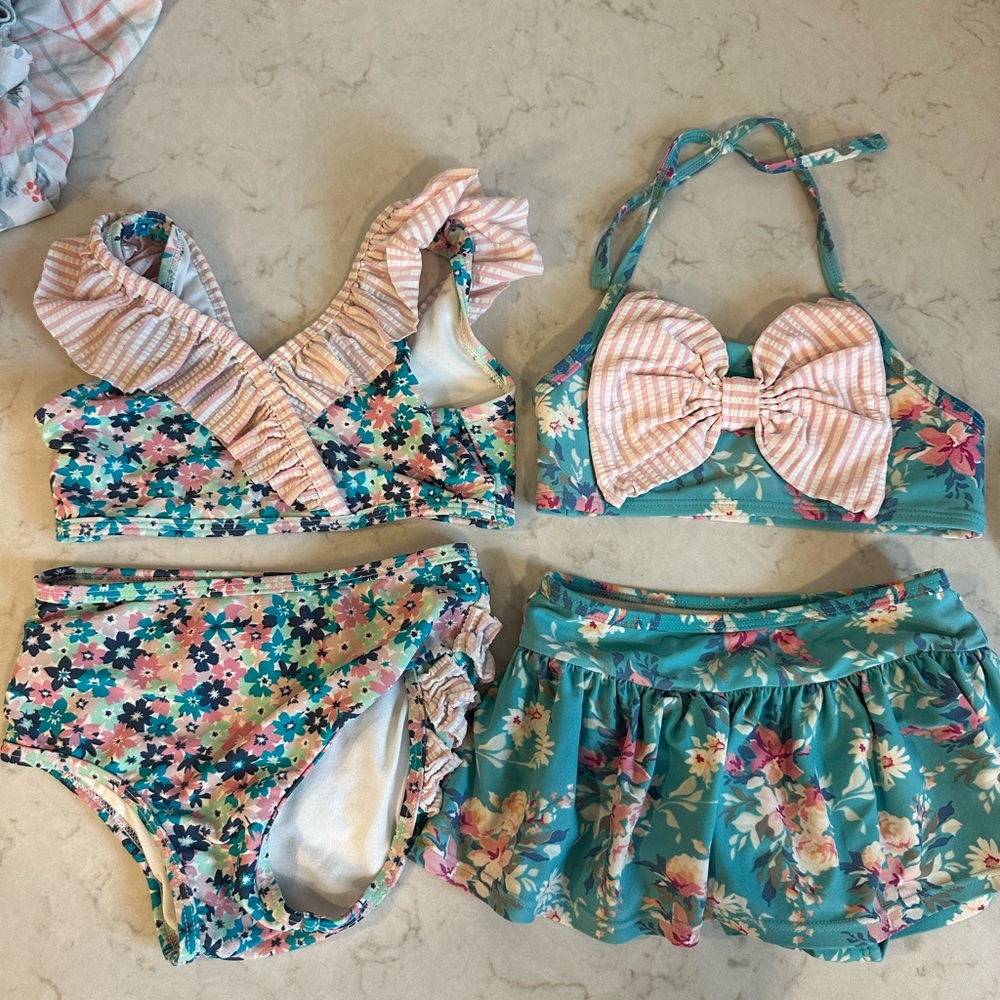 Girls Floral Teal Bikini Set with Pink Striped Bows